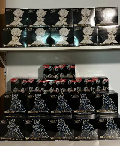 Shelves filled with black-and-gold Mega Evolution Pokémon boxes