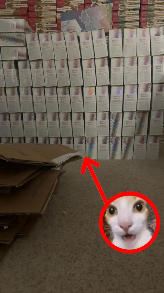 A wall of white product boxes with a playful red arrow and dog sticker overlay